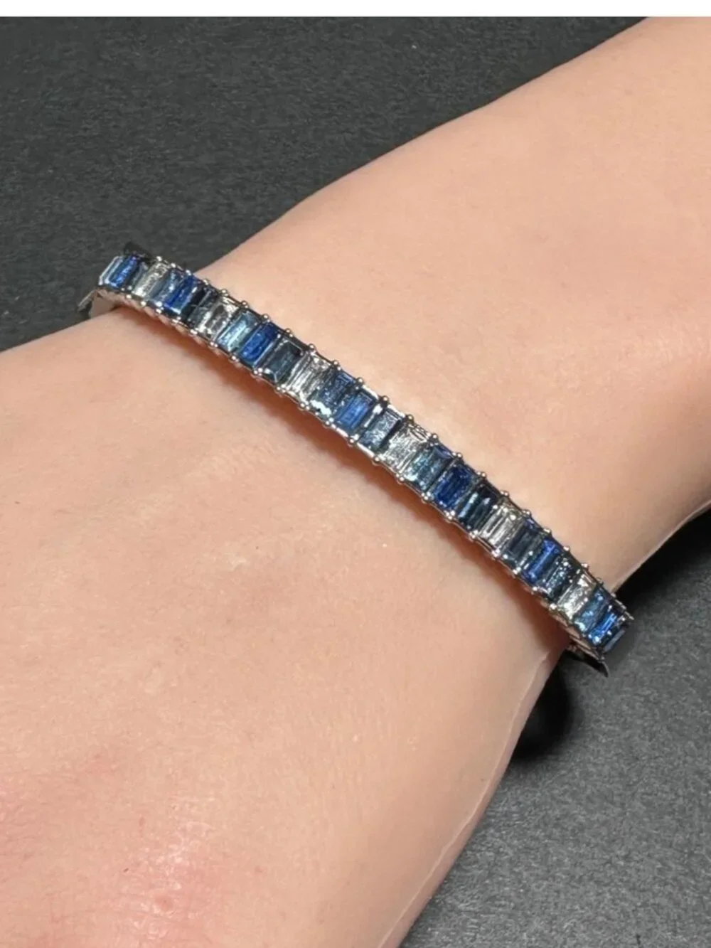 Clamper Hinged Bangle Bracelet Baguette-cut Rhinestone Blue White Silver Tone